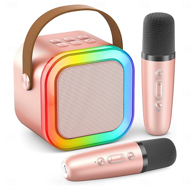  Mini machine de karaoké portable Bluetooth, mini microphone de karaoké, haut-parleur de chant avec 2 micros sans fil et lumière pour tous les smartphones