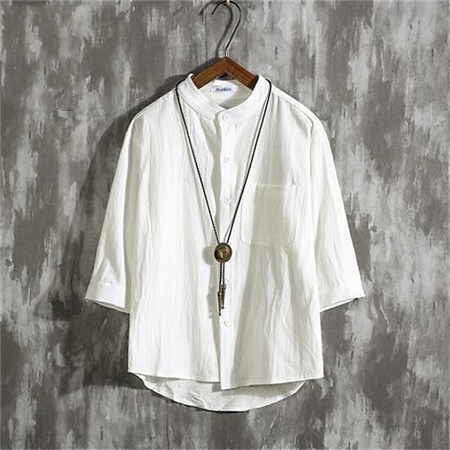  Per uomo Camicia camicia di lino Maglietta informale Camicia con bottoni Camicia di cotone Liscio Da mare Hawaiano Nero Bianco Verde Manica a 3/4 A fascia Estate Abbigliamento Tasche