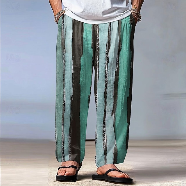  Herr Geometrisk Randig Långbyxor Säckiga byxor Casual byxor Medium Midja Vintage retro Utomhus Semester Helgdag Snörning Elastisk midja Brett skaft Sommar Vår 3D-tryck Gul Rubinrött Blå