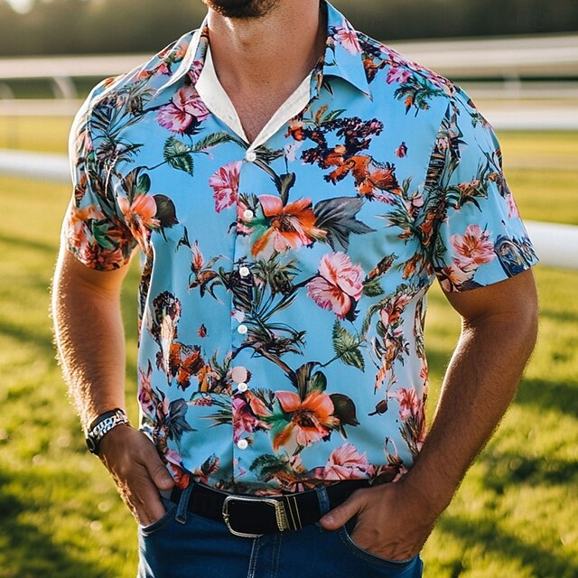 Men's Floral Print Flowers Summer Hawaiian Shirt Button Up Shirt Short Sleeve Hawaiian Resort Vacation Holiday Beach Wear Summer Spring Turndown 3D Print Collared Shirts Blue4