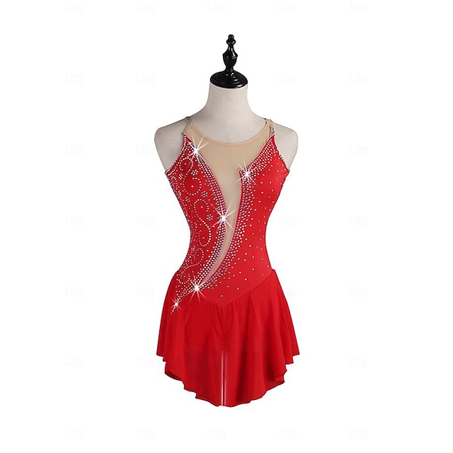  Vestidos para Patinação Artística Mulheres Para Meninas Patinação no Gelo Vestidos Vermelho Patchwork Sem costas Com Transparência Elastano Com Stretch Treino Ensaio / Prática Profissional Roupa para