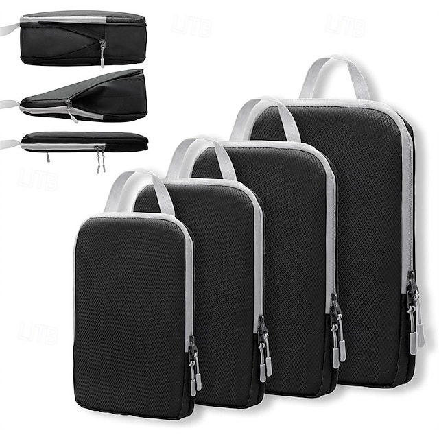  set di cubi di compressione per l'imballaggio da viaggio, borse portaoggetti di grande capacità da 4 pezzi con tessuto a motivo a rombi, organizer impermeabile per bagagli