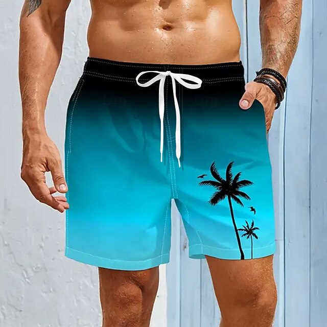  Men's Coconut Tree Tropical Plants Swim Trunks Swim Shorts Board Shorts Mid Waist Hawaiian Beach Wear Vacation Drawstring Mesh Lining Elastic Waist Designer Clothing Apparel