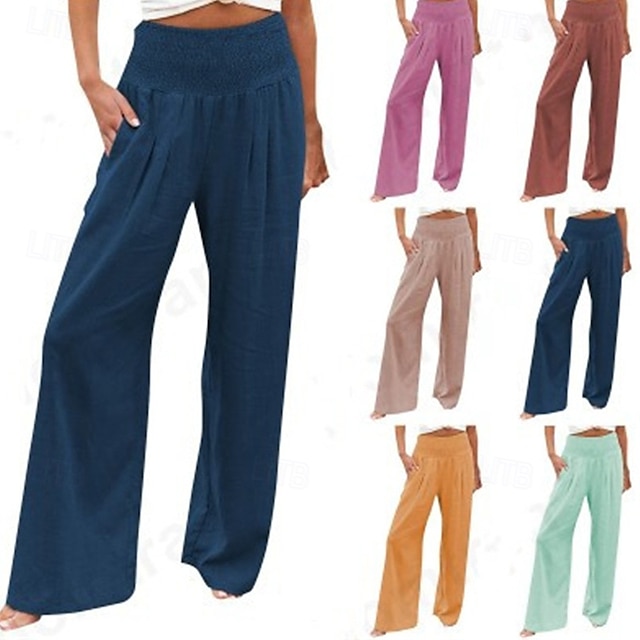  Femmes Pantalon en coton et lin Slacks Pantalon palazzo Mode Streetwear Longueur complète Naturel Uni Avec Poches Taille Élastique Confortable Extérieur Rue Sortir Rose Claire Rouge foncé Violet