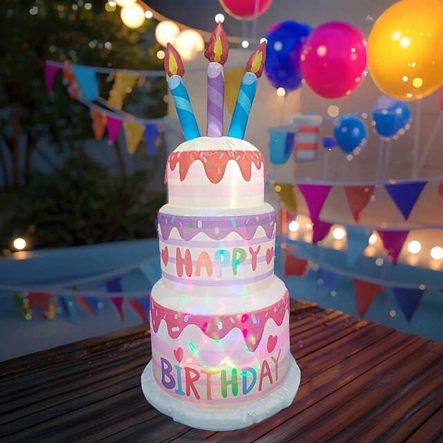 1.8m Three-Layer Birthday Cake With Candles Inflatable Air Model With Lights Courtyard Garden Indoor And Outdoor Lawn Birthday Celebration Party Dining Atmosphere Decorative Lights Eu/Au/Us/Uk4