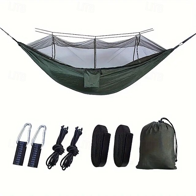  1 hamac de camping en nylon robuste avec moustiquaire - anti-insectes solaire auto-respirant comprenant une ceinture d'arbre et un sac de voyage d'aventure en plein air portable