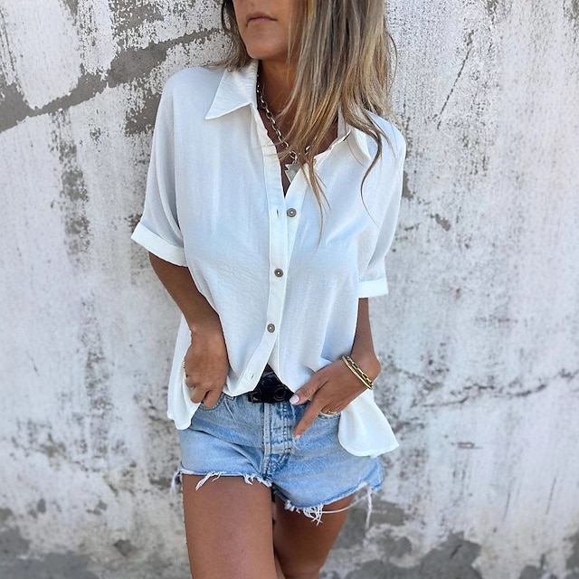  Cămașă Bluză din Bumbac și In Culori Uni Elegant Casual Mânecă Scurtă Guler Regulare Tops Zilnic Sărbătoare Butoane Negru Alb Roșu Violet Khaki Vară Primăvară