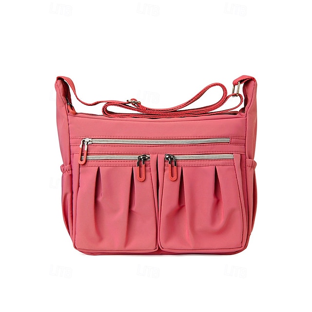  bolsa de ombro feminina com vários bolsos – bolsa tiracolo leve de nylon à prova d'água com fecho de zíper para viagens, trabalho e uso diário rosa roxo preto