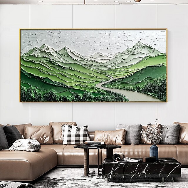  handgemachtes Originalgemälde „Grüne Berge“ Ölgemälde auf Leinwand abstrakte Flusstallandschaft Wandkunst für Wohndekoration mit gespanntem Rahmen/ohne Innenrahmen