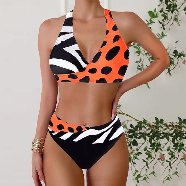  Women's Plus Size Swimwear Bikini Tankini 2 Piece Cheeky Swimsuit Deep V Push Up Knitted Stylish Beach Wear Leopard Color Block Plunge Sleeveless Bathing Suits