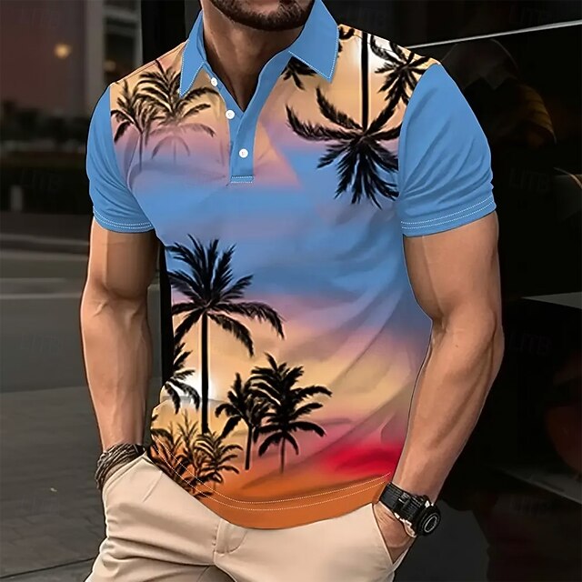 Men's Palm Tree Hawaiian Polo Shirts Short Sleeve Polo Shirts Collared Shirts Resort Outdoor Daily Wear Vacation Wear 3D Print Summer Spring Fall Blue4