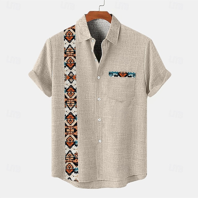  Men's Shirt Linen Shirt Summer Shirt Beach Shirt Plaid Vacation Holiday Black Green Khaki Gray Short Sleeve Collar Summer Clothing Apparel