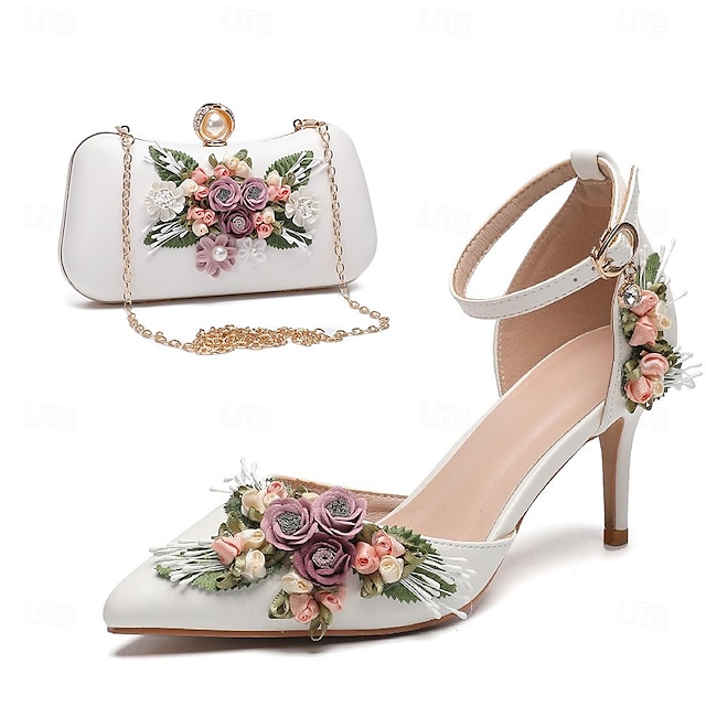  hvite blomstrede høyhælte pumps med matchende clutch – romantiske sko til bryllup og spesielle anledninger for kvinner blå rhinestone bue wedge s