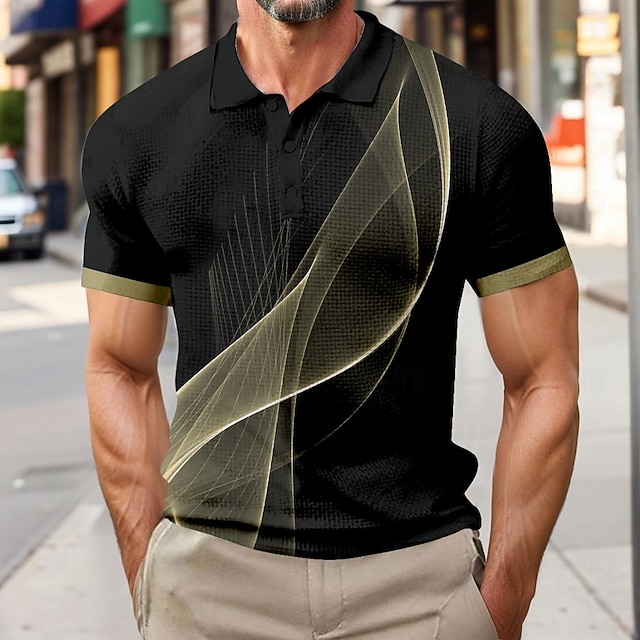  Herr Geometrisk Linje Våffelpikétröjor Kortärmad Polotröjor Skjortor med krage Business Casual Fritids- Dagliga kläder Knappar 3D-utskrift Sommar Gul Blå Purpur