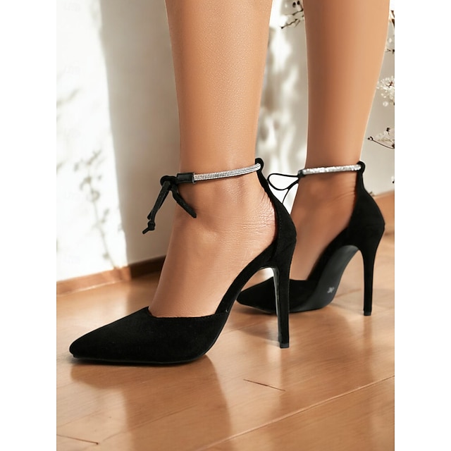  tocuri stiletto cu vârf ascuțit de piele de căprioară neagră de damă, cu curea de gleznă cu strasuri – pantofi eleganti de seară și întâlnire