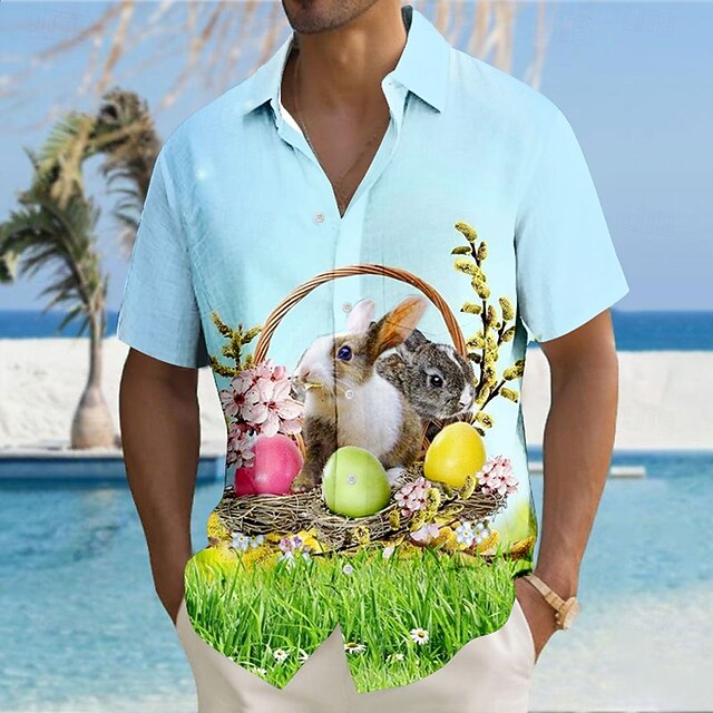 Easter Men's Bunny Easter Eggs Shirt Button Up Shirt Short Sleeve Vintage Retro Holiday Festival Summer Turndown 3D Print Collared Shirts Front One Pocket Light Blue4