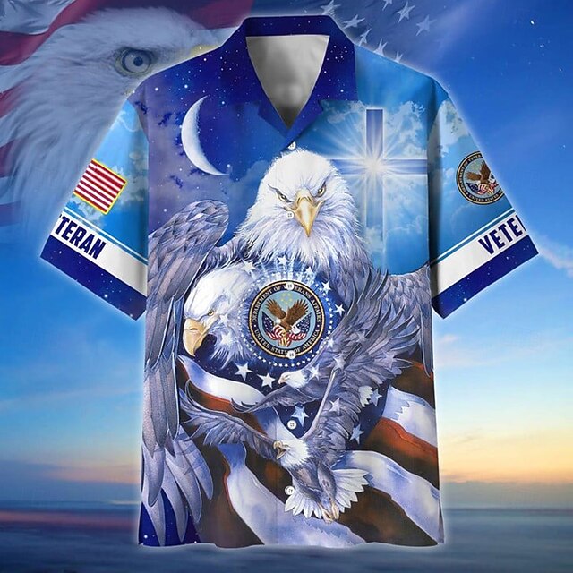 Men's American US Flag Eagle Independence Day Shirt Cuban Collar Shirt Short Sleeve Vintage Retro Vacation Holiday Festival Summer Spring Camp Collar Shirt 3D Print Blue4