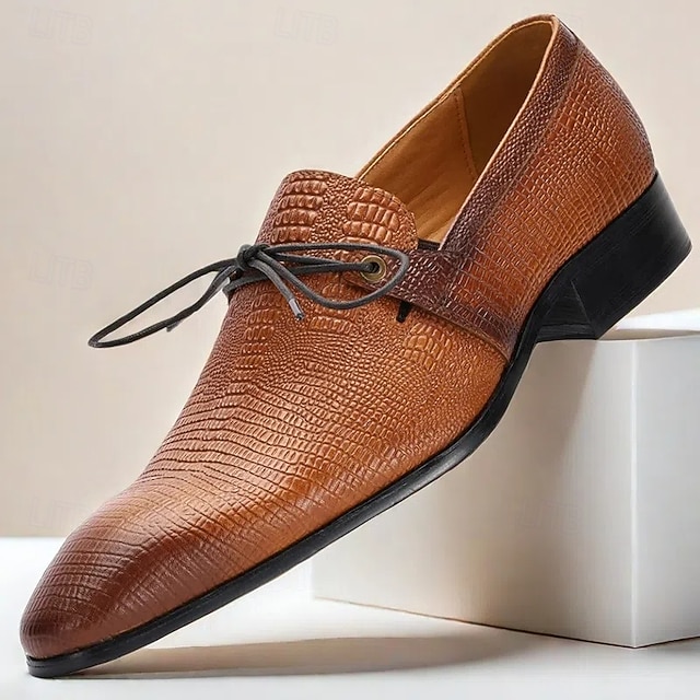  Zapatos oxford de cuero genuino color canela para hombre: zapatos de vestir con cordones y estampado de cocodrilo vintage para Kentucky Derby y ocasiones especiales