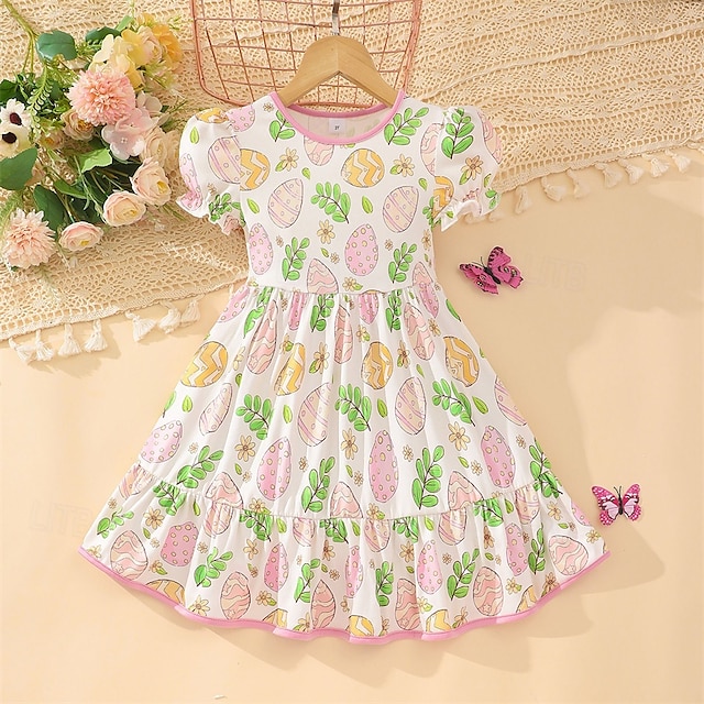  Enfants Fille Robe Fleur Manche Courte Extérieur Occasionnel Mode Quotidien Polyester Mi-long Robe Décontractée Robe trapèze Été 4 ans et + Vert