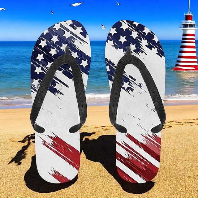  męskie klapki z amerykańską flagą – patriotyczne sandały w gwiazdy i paski na lato, na Dzień Niepodległości i na plażę