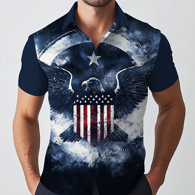  Men's American US Flag Eagle Patriotic Shirt Casual Shirt Button Up Shirt Short Sleeve Army Militray Outdoor Vacation Streetwear Summer Spring Turndown 3D Print Collared Shirts Dark Blue