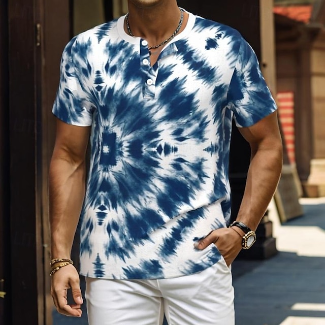  Herren Tie Dye Print T Shirt Henley Shirt Kurzarm Designer Retro Vintage Strasse Casual Täglich Sommer Frühling Blau Henley Henley T-Shirt