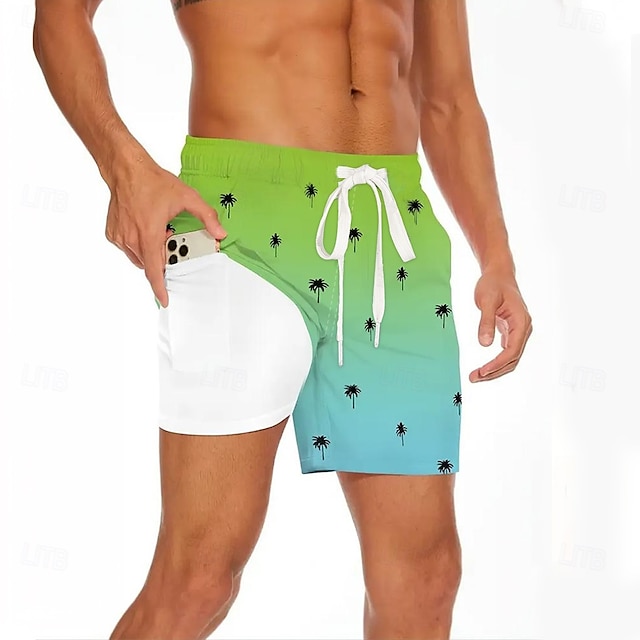  Men's Coconut Tree Gradient Color Lined Shorts 2 in 1 Board Shorts Swim Trunks Mid Waist Hawaiian Beach Wear Side Pockets With Compression Liner Elastic Drawstring Waist Designer Clothing Apparel