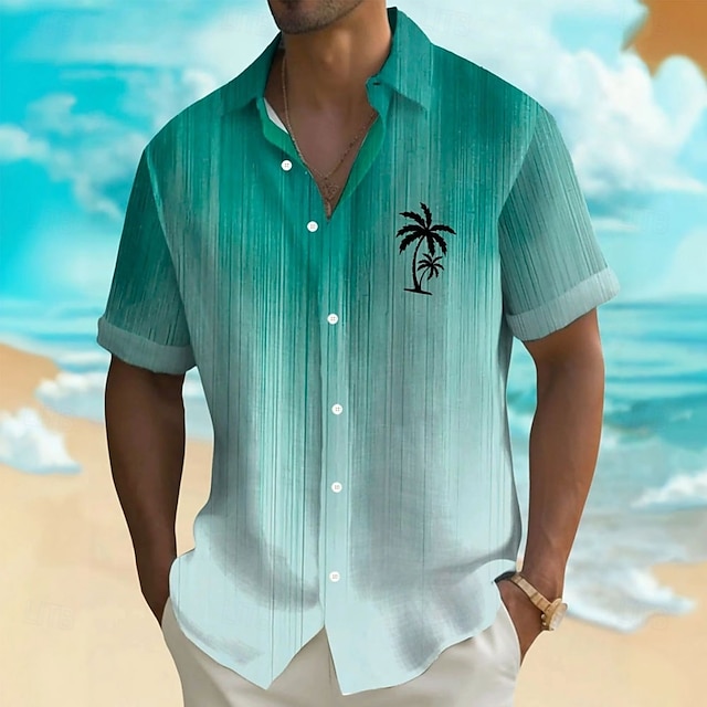  Men's Coconut Tree Tropical Plants Shirt Summer Hawaiian Shirt Button Up Shirt Short Sleeve Hawaiian Resort Vacation Holiday Beach Wear Summer Spring Turndown 3D Print Collared Shirts Blue Green Gray