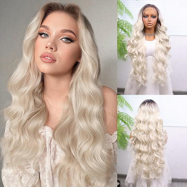  Perruque en dentelle synthétique Ondulation naturelle Style 30 pouce Brun avec des points forts dorés Raie au milieu dentelle frontale 13x4 Perruque Femmes Perruque Blanc crème