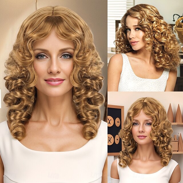 Pelucas sintéticas Ondulado Tejido rizado Corte asimétrico Con coleta Hecho a Máquina Peluca 20 pulgadas A1 Pelo sintético Mujer Clásico Cómodo Gradiente de Color Rubio
