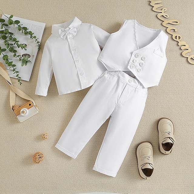 3 pièces Costume de Porteur d'Alliance  Garçons Enfants Tout-petit Gilet, chemise et pantalon École Formel Anniversaire Basique Doux Style BCBG Couleur Unie Col en V Blanche Coton