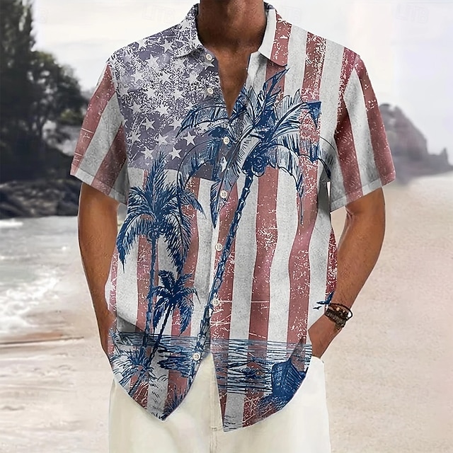  Per uomo Albero di Cocco Bandiera Americana Piante Tropicali Camicia casual Camicia hawaiana estiva Camicia con Bottoni Manica Corta Hawaiano Resort Vacanza Abbigliamento mare Estate Primavera Collo