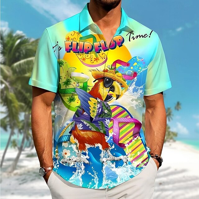 Men's Bird Funny Parrot Shirt Summer Hawaiian Shirt Button Up Shirt Short Sleeve Hawaiian Vacation Holiday Beach Wear Summer Spring Turndown 3D Print Collared Shirts Front One Pocket Green4