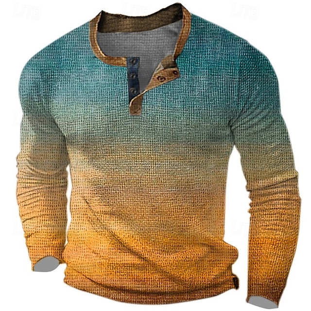  Homens Gráfico Gradiente Camisa Waffle Henley Estilo casual Estilo Clássico Manga Longa Impressão 3D Moda Designer Básico Ao ar livre Diário Primavera & Outono Azul Laranja Marron Cinzento Henley