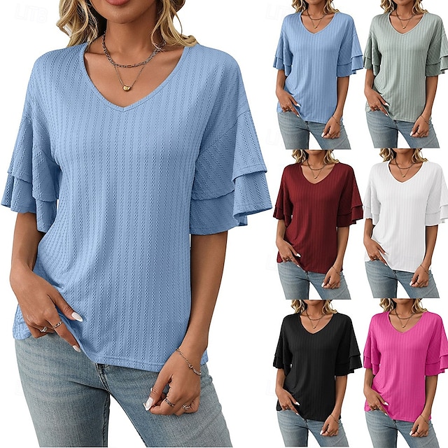  Women's T Shirt Plain Fashion Modern Short Sleeve V Neck Regular Tops Daily Ruffle Black White Wine Sky Blue Fuchsia Summer
