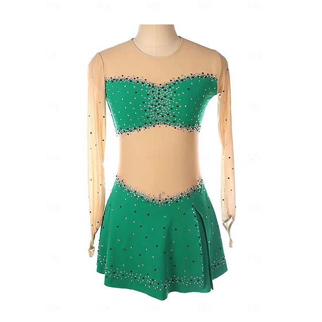  Robe de patinage artistique Femmes Fille Patinage Robe Vert Patchwork Trou de pouce Maille Spandex Élastique Entraînement Pratique Professionnel Tenue de Patinage Chaleur Thermique cristal pailleté