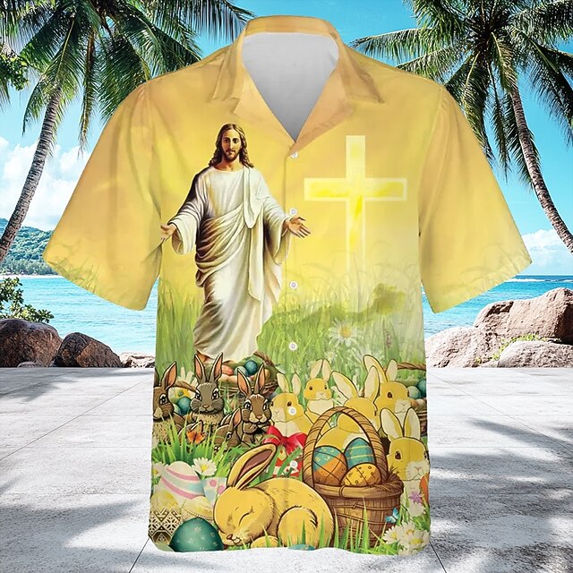 Easter Men's Bunny Templar Cross Jesus Shirt Cuban Collar Shirt Button Up Shirt Short Sleeve Vintage Retro Holiday Festival Summer Spring Camp Collar Shirt 3D Print Yellow4