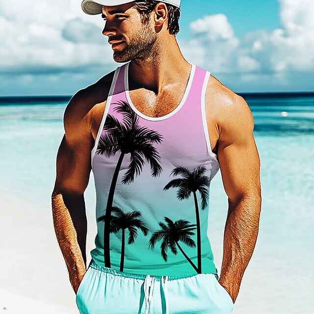 Men's Coconut Palm T Shirt Vest Top Sleeveless T shirt 3D Print Crew Neck Shirt Vacation Casual Hawaiian Holiday Purple Summer Spring Clothing Apparel S M L XL XXL XXXL4