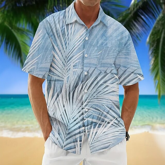 Men's Palm Leaf Tropical Plants Shirt Summer Hawaiian Shirt Button Up Shirt Short Sleeve Hawaiian Vacation Holiday Beach Wear Summer Turndown 3D Print Collared Shirts Front One Pocket Blue4