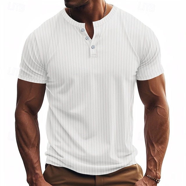  Hombre Camiseta con botones Camiseta Henley Shirt Tee Manga Corta Henley Verano Primavera Plano Moda Design Básico Jacquard Vacaciones Calle Noche Negro Blanco Rojo Camiseta superior para hombre