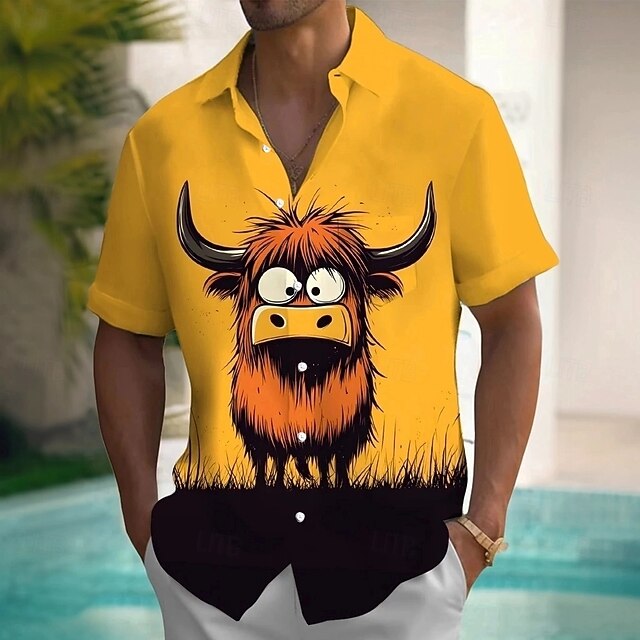 Men's Animal Highland Cattle Shirt Casual Shirt Button Up Shirt Short Sleeve Fashion Casual Outdoor Vacation Holiday Summer Spring Turndown 3D Print Collared Shirts Front One Pocket Yellow4