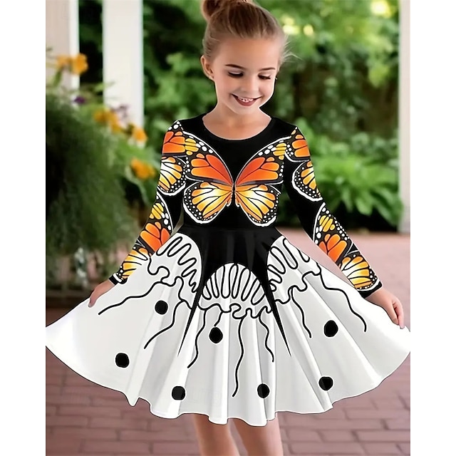  Girls' 3D Butterfly Dress Long Sleeve Summer Spring Vacation Daily Holiday Princess Beautiful Sweet Kids 4-12 Years Casual Dress A Line Dress Knee-length Regular Fit