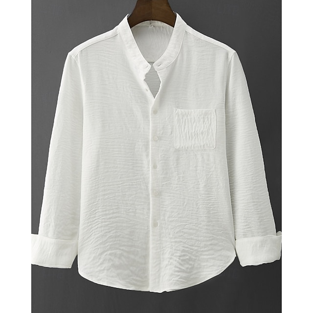  Herren Hemd Sommerhemd Freizeithemd Strandhemd Knopfhemd Weiß Purpur Langarm Einfach Großvaterkragen Stehkragen Urlaub Hawaiianisch Fronttasche Bekleidung Polyester Mode Lässig Bequem