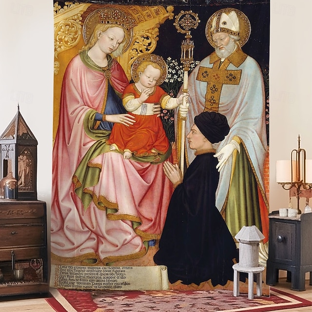  Tapiz medieval Tapiz de la Edad Media Arte bizantino Tapiz grande Decoración mural Fotografía Fondo Cortina Decoración del hogar dormitorio sala de estar Madonna y Niño con el donante Pietro de' Lardi