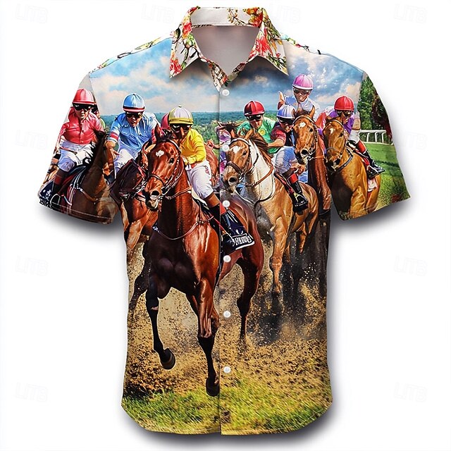 Kentucky Derby Men's Horse Racing Shirt Button Up Shirt Short Sleeve Vintage Retro Vacation Holiday Festival Summer Spring Turndown 3D Print Funny Kentucky Derby Shirts Blue4
