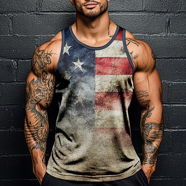 Veterans Day Men's Patriot Patriotic Veteran American US Flag T Shirt Vest Top Sleeveless T shirt 3D Print Crew Neck Shirt Vacation Casual Hawaiian Holiday Gray Summer Spring Clothing Apparel S M L4