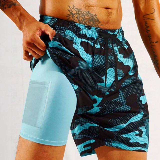  Per uomo Mimetico Pantaloncini foderati Pantaloncini da bagno 2 in 1 Pantaloncini da mare Misura del girovita medio Hawaiano Vacanza Ferie Abbigliamento mare Tasche Laterali Con Fodera a Compressione