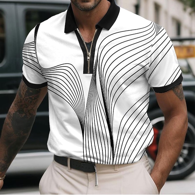  Men's Geometic Line Zip Polo Shirts Short Sleeve Polo Shirts Collared Shirts Business Casual Business Athleisure Wear to work Daily Wear 3D Print Summer Black White