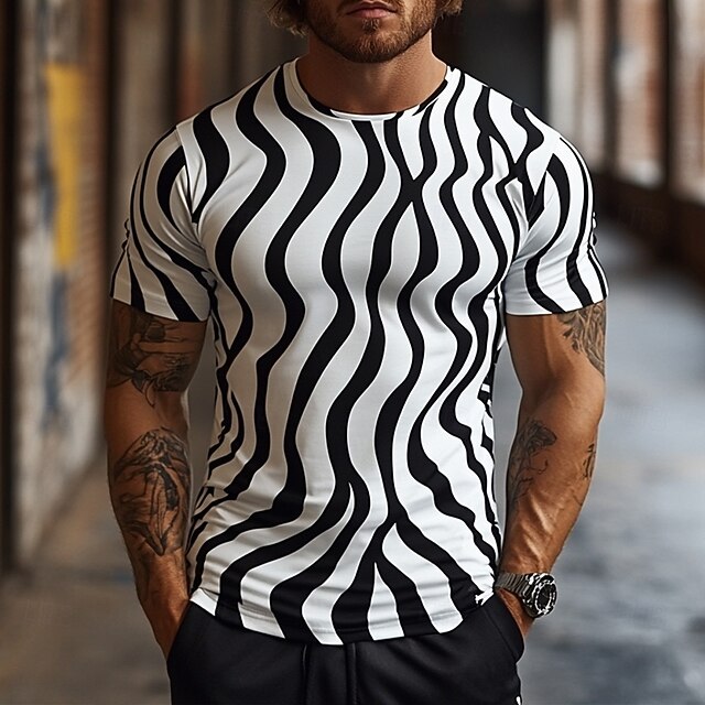 Men's Stripe T Shirt Short Sleeve T shirt 3D Print Crew Neck Shirt Exaggerated Designer Party Casual Holiday Black / White Summer Spring Clothing Apparel S M L XL XXL XXXL4