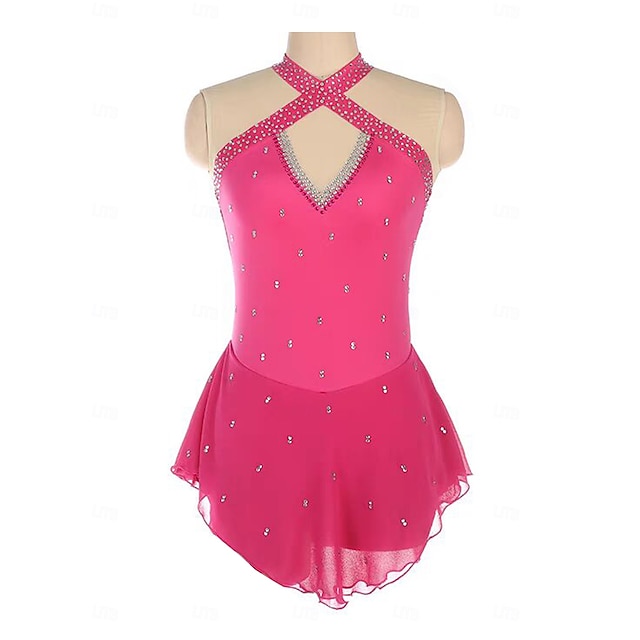  Robe de patinage artistique Femmes Fille Patinage Robe Rose rouge Patchwork Dos Nu Maille Spandex Élastique Entraînement Pratique Professionnel Tenue de Patinage Chaleur Thermique cristal pailleté